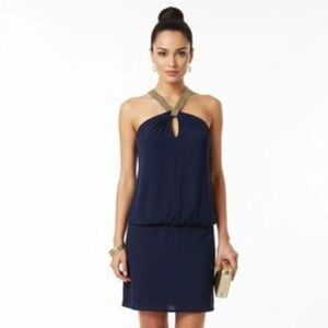 Bisou Bisou Strapless Navy Dress with Gold Accents